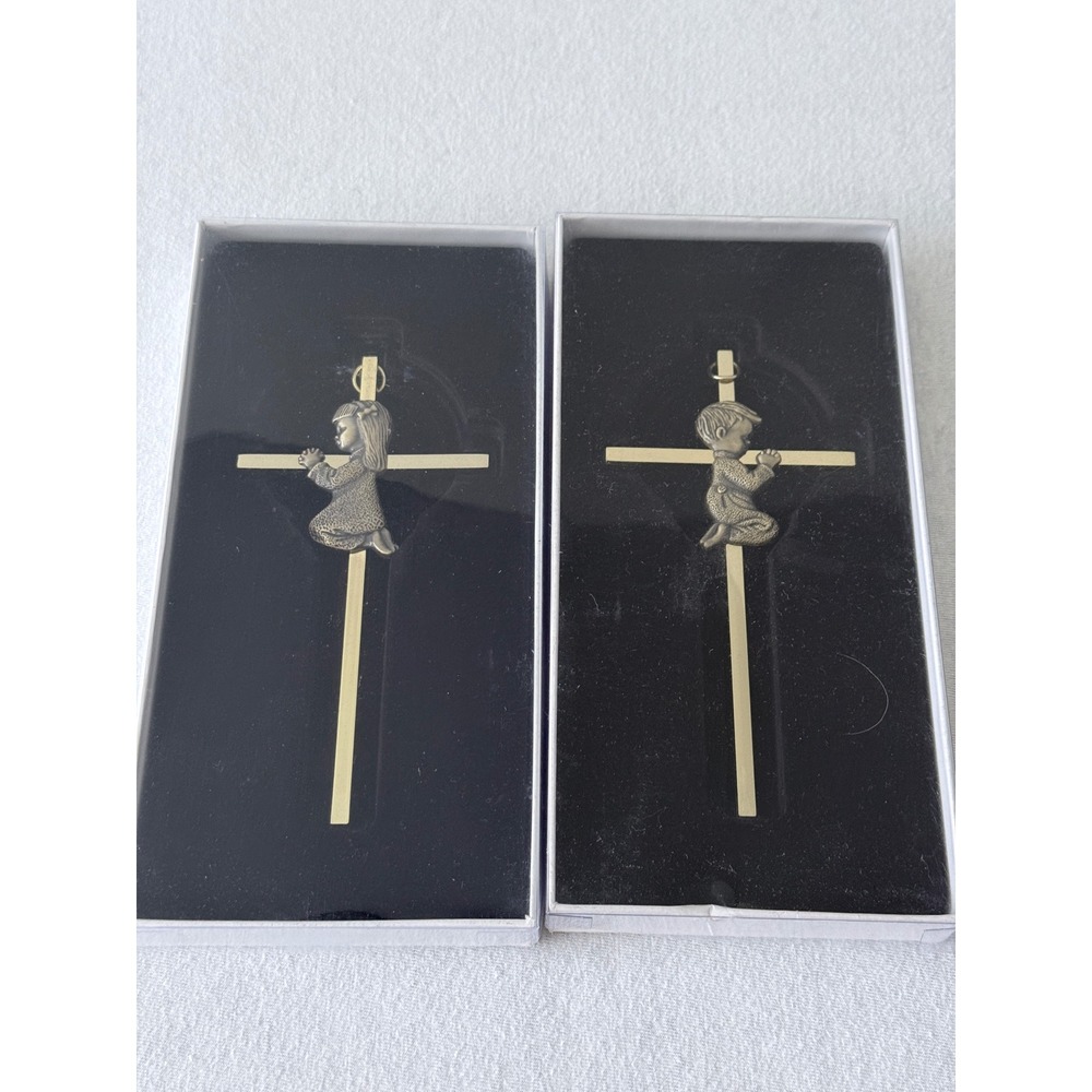 DCCXN Wall Cross Set Praying Boy Girl Brass Tone Religious Decor Prayer